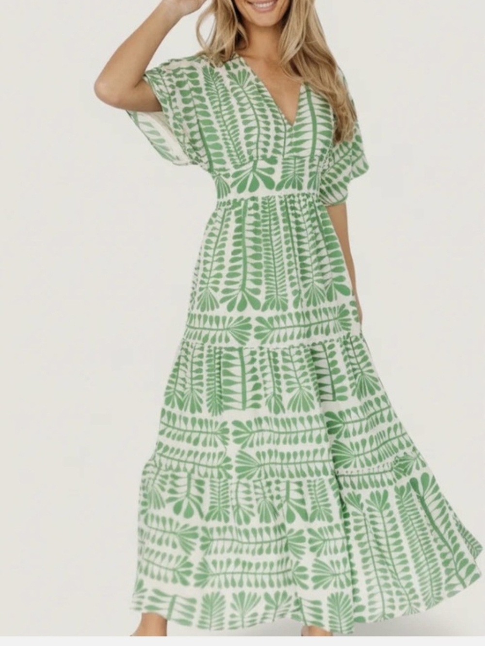 Baltic Born White and Green Printed V-Neck Maxi Dress